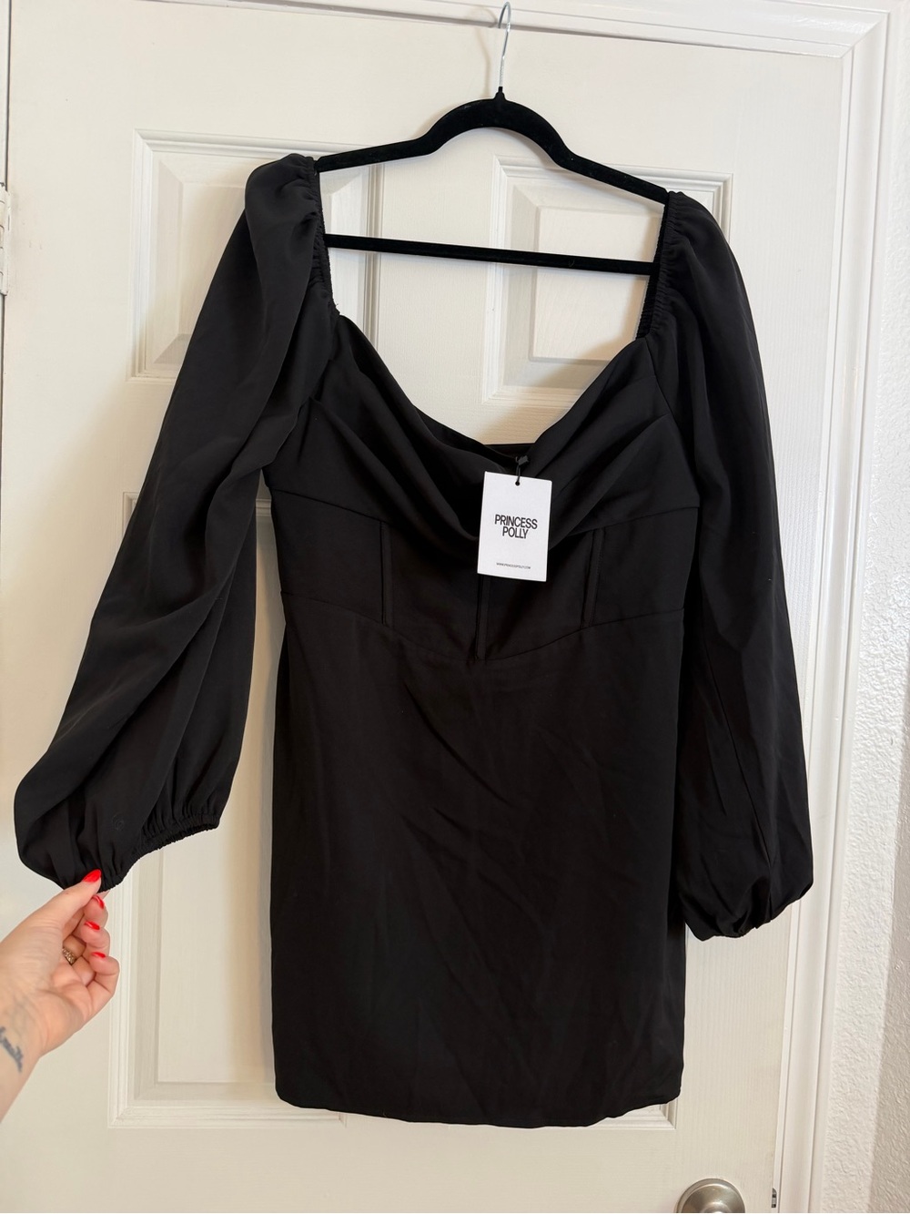 Princess Polly Lillie Long Sleeve Mini Dress Black NWT US 12 AU 16 Puff Sleeve - Picture 2 of 5